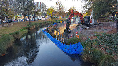 TTT Deep Pile Foundations being installed for a convention centre punt stop and river wall, Avon River, Christchurch.