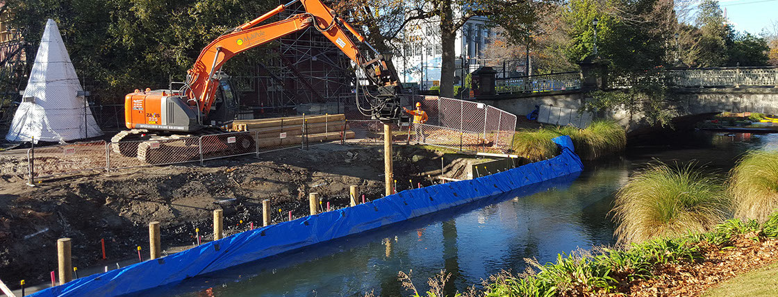 TTT Deep Pile Foundations being installed for a convention centre punt stop and river wall, Avon River, Christchurch.